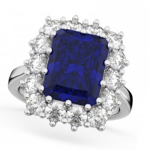Emerald Cut Blue Sapphire and Diamond Lady Di Ring 14k White Gold 5.68ct