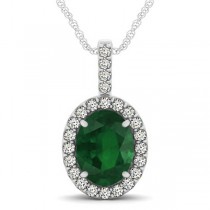 Emerald & Diamond Halo Oval Pendant Necklace 14k White Gold (2.47ct)