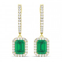 Emerald Shape Emerald & Diamond Halo Dangling Earrings 14k Yellow Gold (1.70ct)