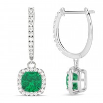 Cushion Emerald & Diamond Halo Dangling Earrings 14k White Gold (2.70ct)