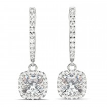 Cushion Moissanite & Diamond Halo Dangling Earrings 14k White Gold (2.70ct)