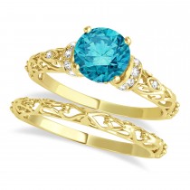 Blue Diamond and Diamond Antique Bridal Set 14k Yellow Gold (0.87ct)