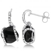 Cushion Cut Black Onyx Earrings with Diamonds 14K White Gold 3.25ct