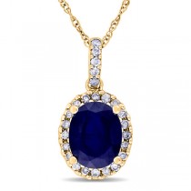 Blue Sapphire & Halo Diamond Pendant Necklace in 14k Yellow Gold 2.90ct