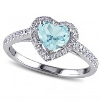 Heart Shaped Aquamarine & Diamond Halo Engagement Ring 14k White Gold 1.50ct