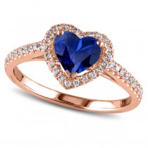 Heart Shaped Blue Sapphire & Diamond Halo Engagement Ring 14k Rose Gold 1.50ct