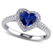 Heart Shaped Blue Sapphire & Diamond Halo Engagement Ring 14k White Gold 1.50ct