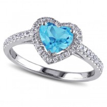 Heart Shaped Blue Topaz & Diamond Halo Engagement Ring 14k White Gold 1.50ct
