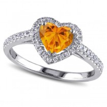 Heart Shaped Citrine & Diamond Halo Engagement Ring 14k White Gold 1.50ct