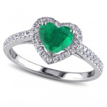 Heart Shaped Emerald & Diamond Halo Engagement Ring 14k White Gold 1.50ct