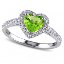 Heart Shaped Peridot & Diamond Halo Engagement Ring 14k White Gold 1.50ct