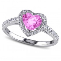 Heart Shaped Pink Sapphire & Diamond Halo Engagement Ring 14k White Gold 1.50ct