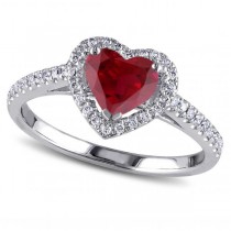 Heart Shaped Ruby & Diamond Halo Engagement Ring 14k White Gold 1.50ct