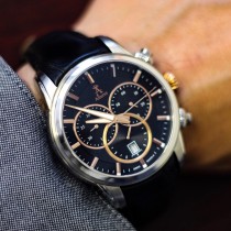 Allurez Men's Swiss Chronograph Black Dial Luminous Leather Watch
