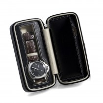 Black Leather 2 Watch Travel Case with Compartments and Zipper Closure
