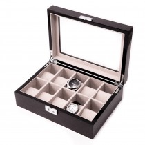 Steel Gray Wood 10 Watch Case w/ Glass Top and Silver Accents
