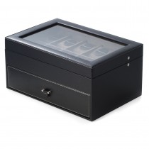 Black Leather 20 Watch Case with Glass See-thru Top and Drawer