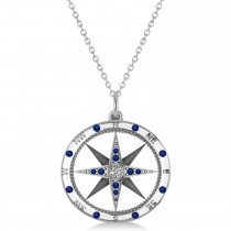 Compass Pendant Blue Sapphire & Diamond Accented 14k White Gold (0.19ct)