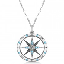 Compass Pendant Blue Topaz & Diamond Accented 14k White Gold (0.19ct)