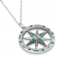 Compass Pendant Emerald & Diamond Accented 14k White Gold (0.19ct)