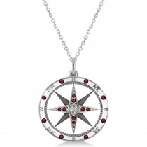 Compass Pendant Garnet & Diamond Accented 14k White Gold (0.19ct)