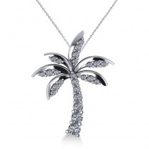 Diamond Tropical Palm Tree Pendant Necklace 14k White Gold (0.50ct)