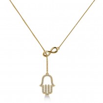 Infinity & Hamsa Religious Lariat Necklace 14k Yellow Gold (0.20ct)