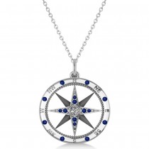 Compass Pendant For Men Blue Sapphire & Diamond Accented 18k White Gold (0.38ct)