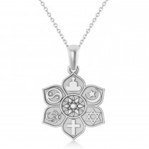 Coexist Symbols on Lotus Flower Pendant Necklace 14k White Gold