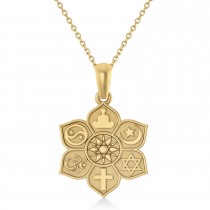 Coexist Symbols on Lotus Flower Pendant Necklace 14k Yellow Gold