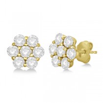 Flower Shaped Diamond Cluster Stud Earrings 14K Yellow Gold (2.00ct)