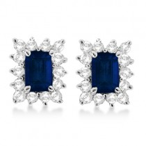 Emerald-Cut Sapphire & Diamond Stud Earrings 14k White Gold (1.80ctw)