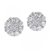 Diamond Clusters Flower Stud Earrings in 14k White Gold (1.50 ctw)