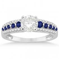 Three-Row Blue Sapphire Diamond Engagement Ring 14k White Gold 0.55ct