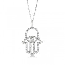 Diamond Hamsa Evil Eye Pendant Necklace 14k White Gold (0.51ct)