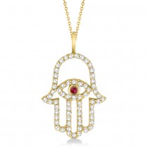 Diamond & Ruby Hamsa Evil Eye Pendant Necklace 14k Yellow Gold (0.51ct)