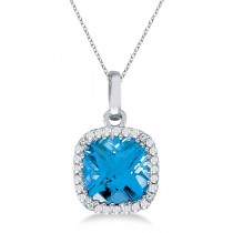 Cushion Cut Blue Topaz & Diamond Pendant 14K White Gold  